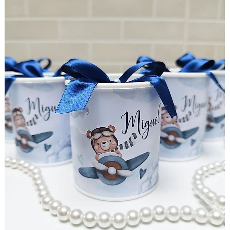 Tubolata 7 x 6  Ursinho Aviador Azul Lembrancinha Personalizada Maternidade Nascimento Urso Baloeiro