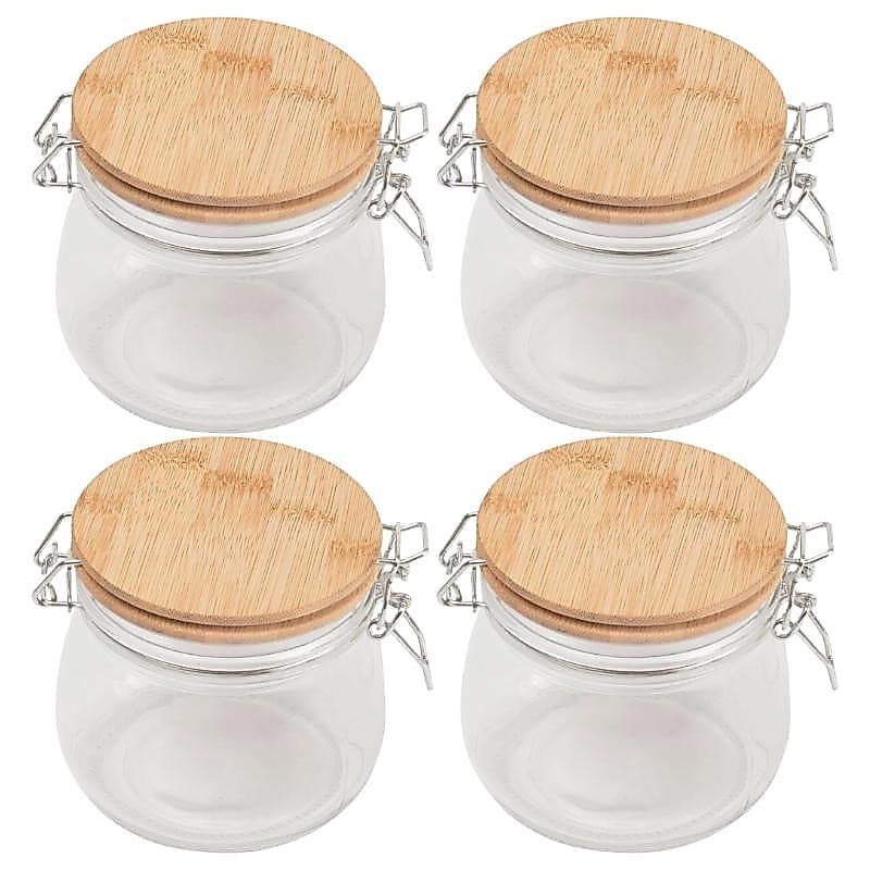 Kit 4 Pote de Vidro 450ml Tampa de Bambu Trava Hermética - Porta Mantimentos e Temperos