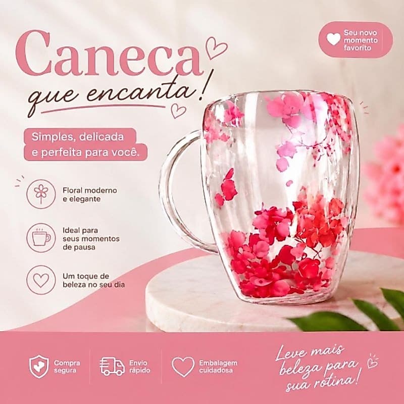 Caneca Vidro Duplo 350ml Com Pétalas De Flores Vermelhas Xícara De Chá Café Decorativa Presente Criativo