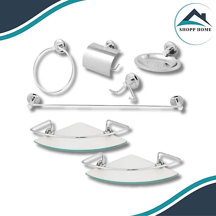 Kit Acessórios Banheiro Inox 5 Peças Com 2 Porta Shampoo Canto