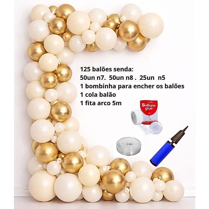 Arco de balões com 125 unidades de bexiga  8, 7 e 5 Polegadas+bombinha+cola balão+fita arco