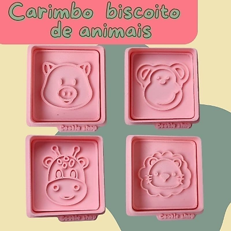 Carimbo + Cortador de Biscoito tema Animais Formato Quadrado