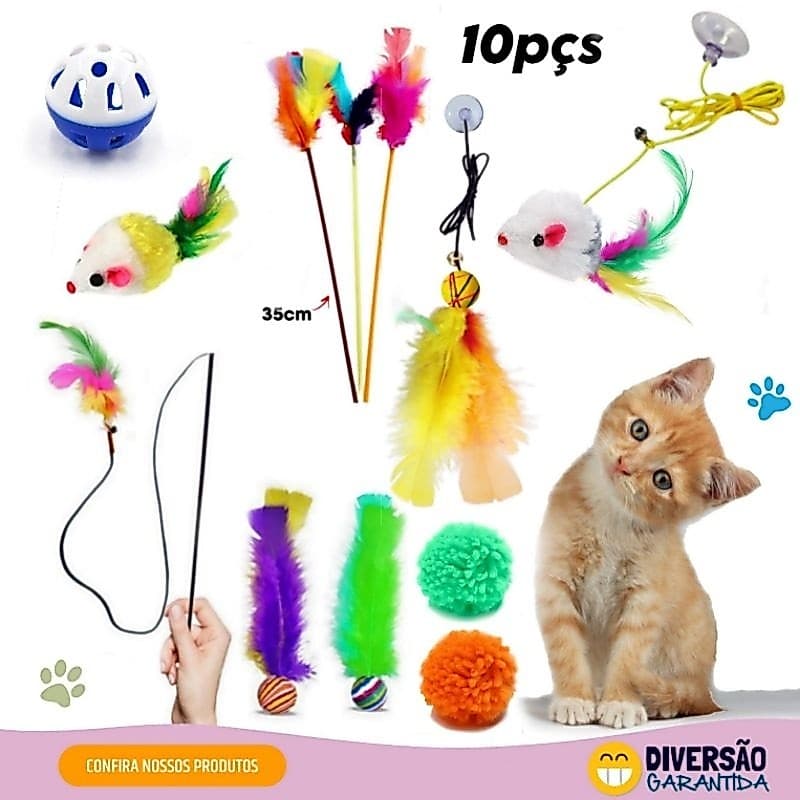 kit com 10 brinquedos para Gato completo Varinha,bolinhas,ping penas