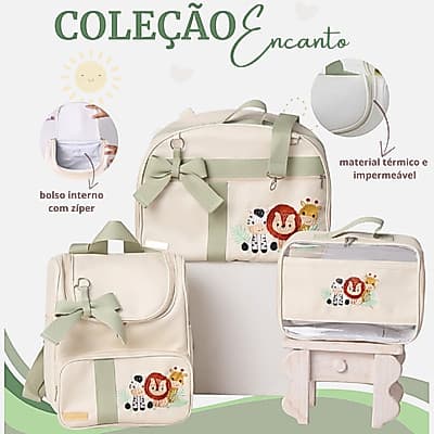 Kit maternidade 3 peças mala, mochila e necessaire safari leão, térmica e impermeável