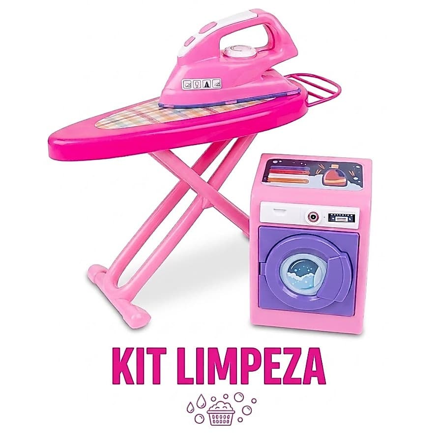 Kit Limpeza: Máquina de Lavar Roupas Tábua e Passa Roupas Brinquedos 3 peças Brinquedo Faz de Conta
