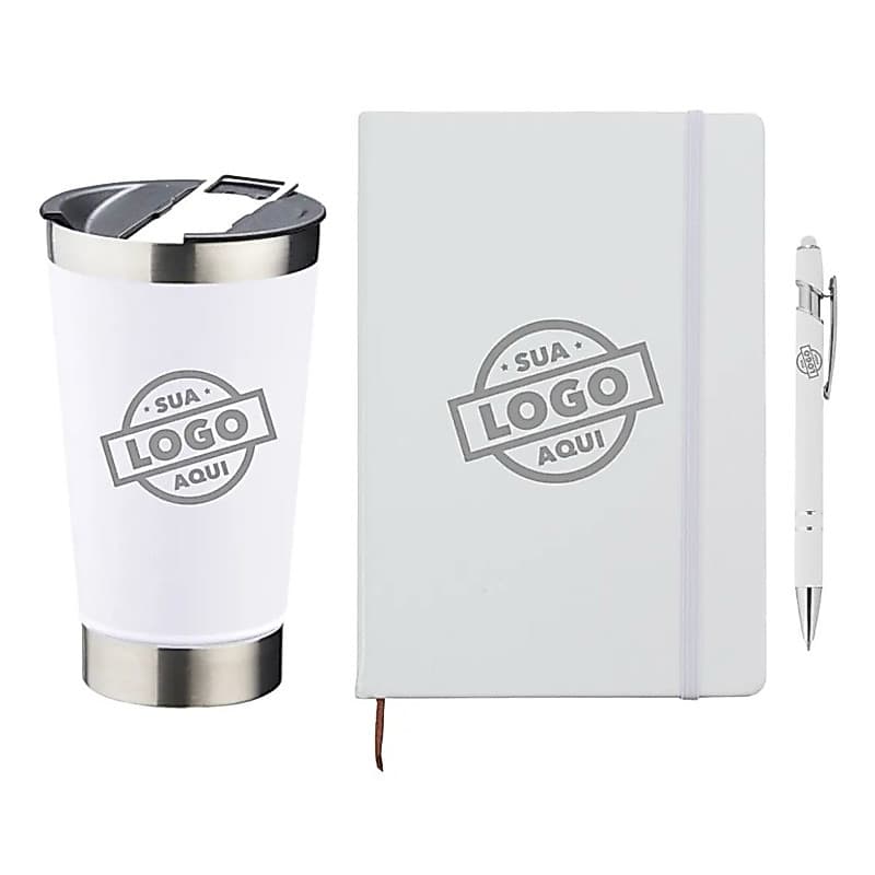 KIT COPO TÉRMICO + CADERNO E CANETA PERSONALIZADAS BOAS VINDAS EMPRESA,LOGO, NOME