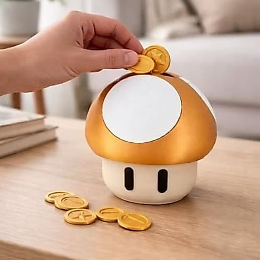Porta Moedas Cogumelo Mario Bros Cofrinho Decorativo 3D Com Tampa
