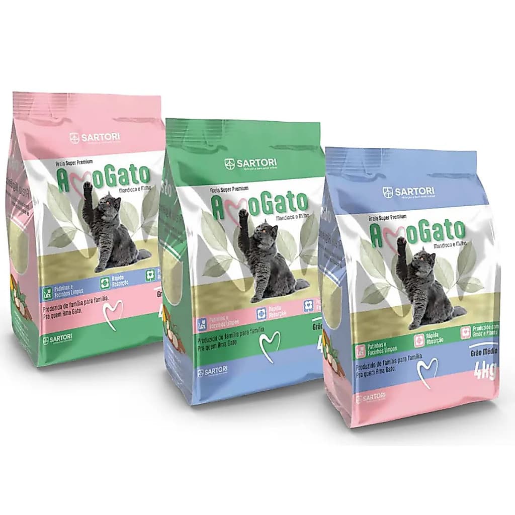 Areia Higiênica para Gatos Milho e Mandioca Grãos Finos Médios Grossos Amo Gato 4kg Biodegradável