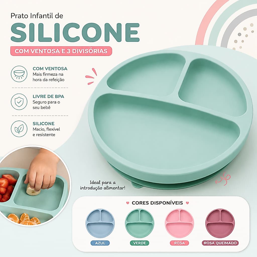 Prato Infantil Silicone Com Ventosa Divisorias Introducao Alimentar Bebe