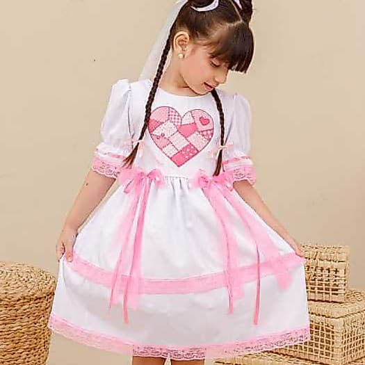 Vestido Noiva Junina Infantil Luxo Menina Branco Rosa Casamento Caipira Premium