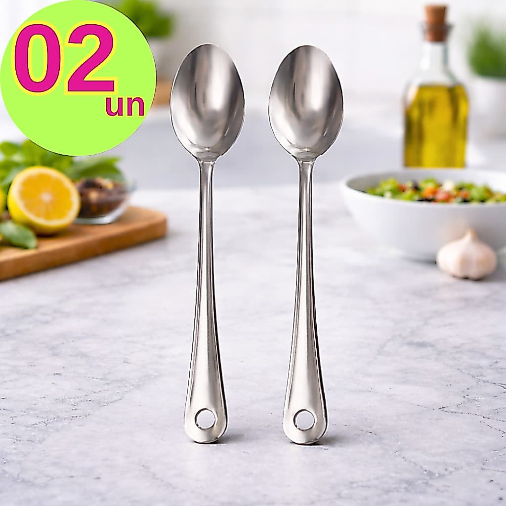 Kit 2 Colher De Arroz Grande Cabo Longo 100 % Aço Inox 25,5cm Resistente Casa Restaurante Buffet