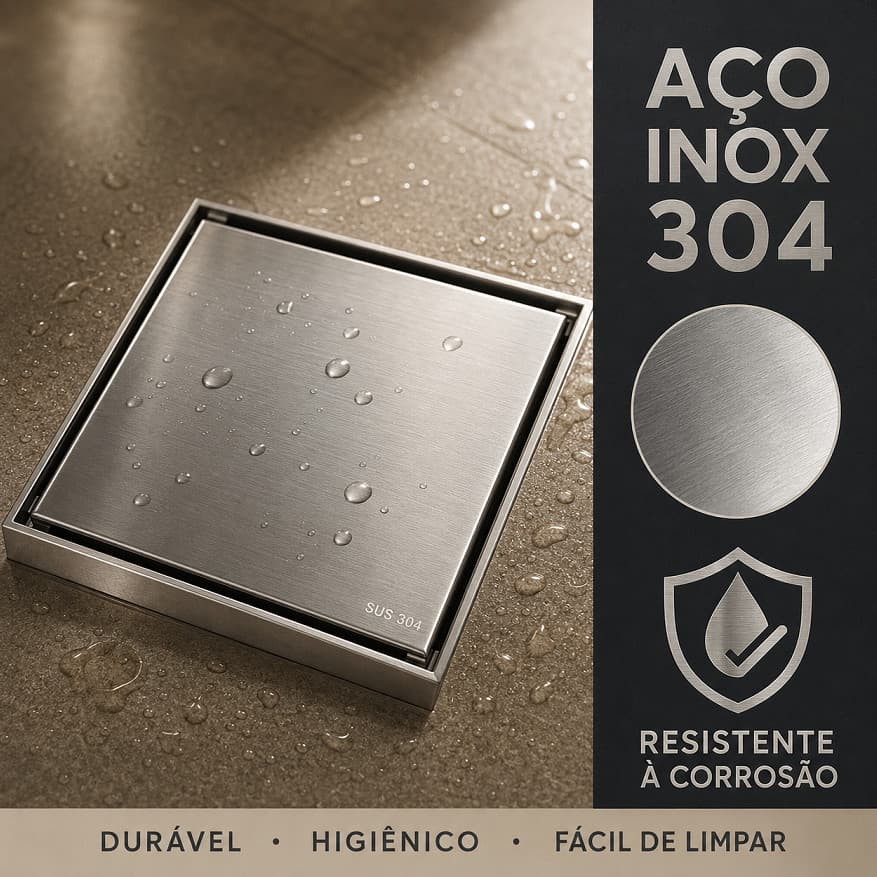 Ralo Oculto Quadrado Aço Inox 304 para Banheiro Box Lavanderia com Filtro Removível 10x10 ou 15x15cm