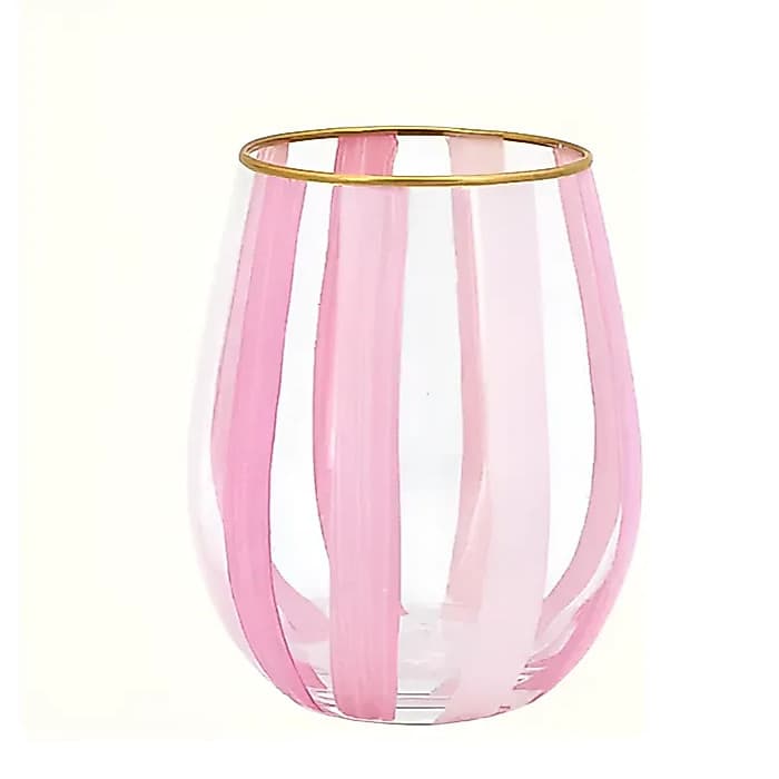 Copo de Vidro Milano Listras Rosas Borda Dourada 600ml - Tuut