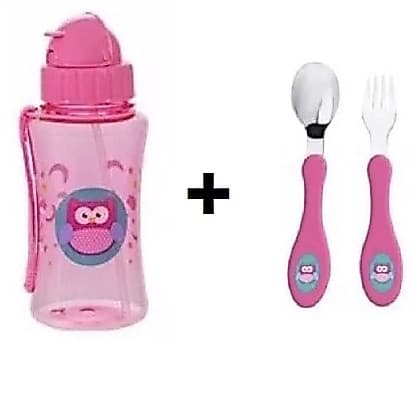 Kit Coruja Rosa Garrafa De Plástico Com Canudo + Talher Garfo E Colher Inox Menina