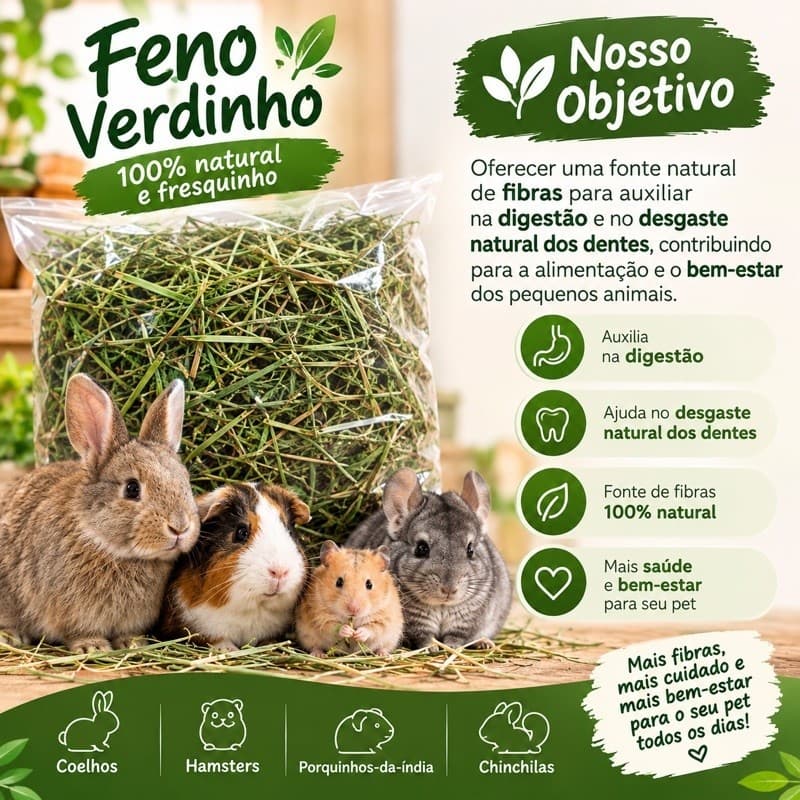 FENO ORGÂNICO para coelhos, hamsters, porquinho da índia, chinchilas - 500G/1Kg