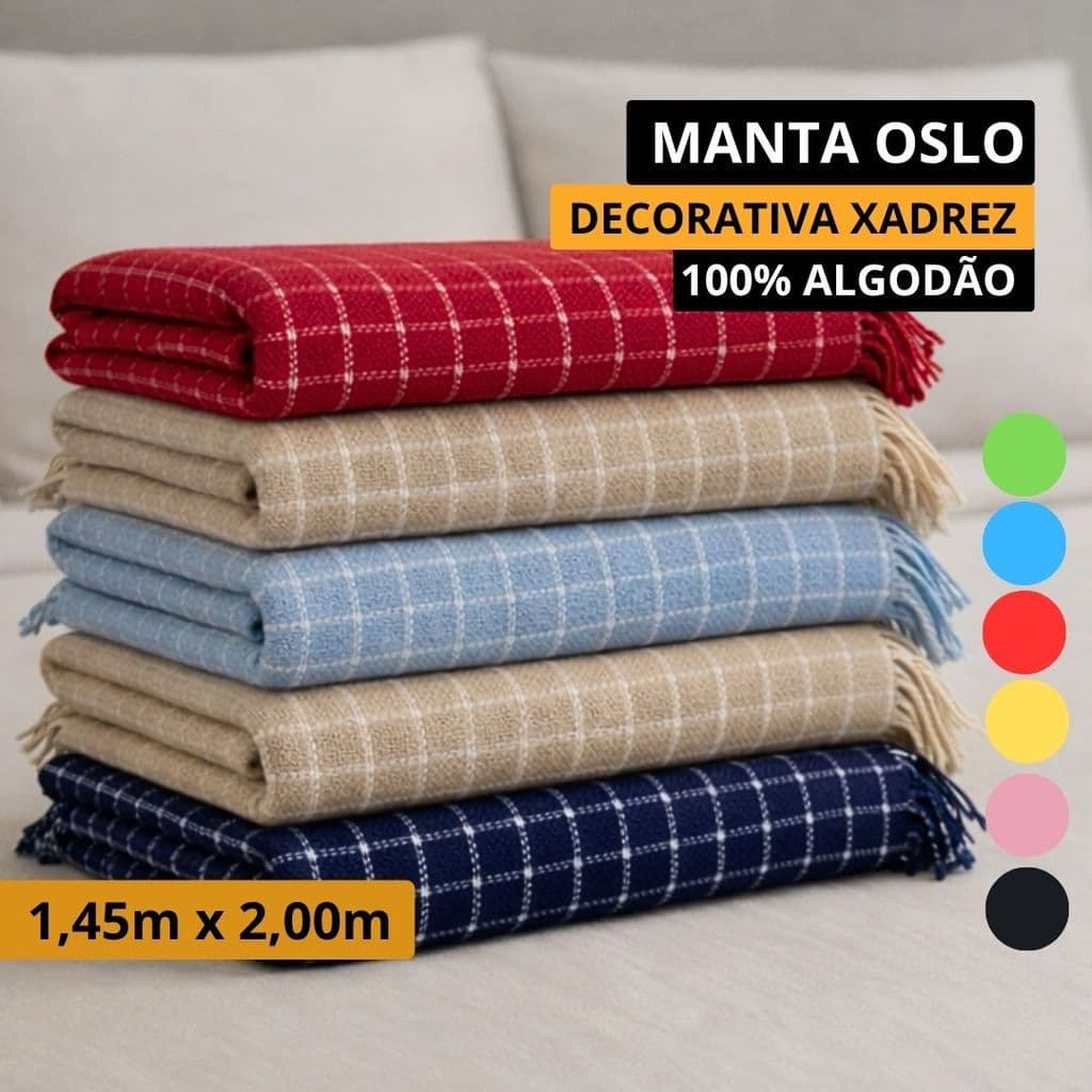 Manta Sofá Xadrez 100% Algodão e Xale Para Sofá Ou Cama 1,45m x 2,00m Oslo