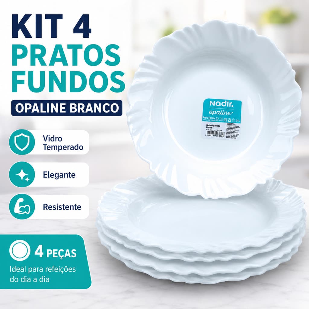 Kit 4 Pratos Fundos Nadir Opaline Branco Vidro Temperado Louça Sopa Caldo Macarrão Refeição