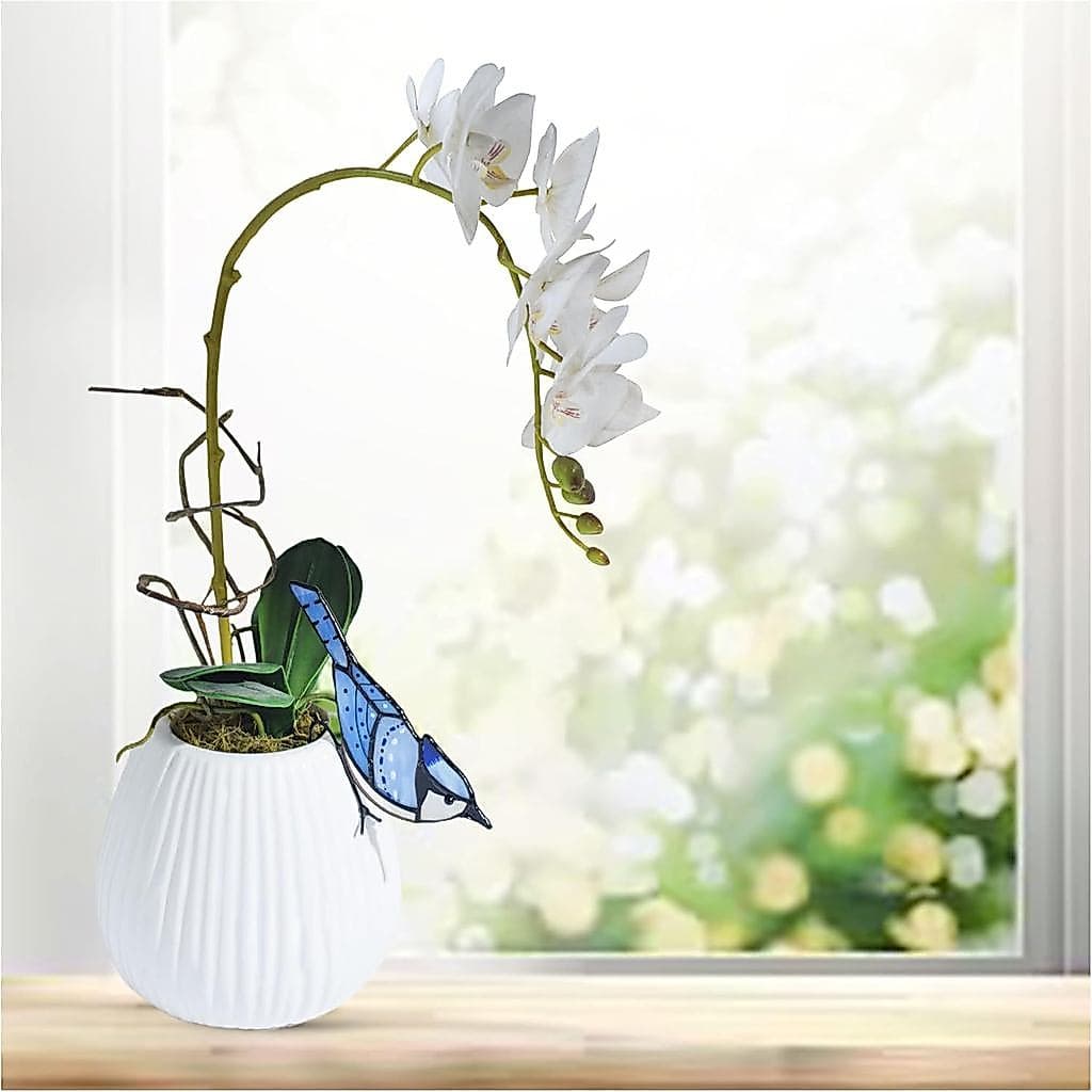 Lolitarcrafts Blue Jay Suncatcher de Vidro Manchado para Decoração de Plantas em Vasos - Decoração Única para Vasos, Dec