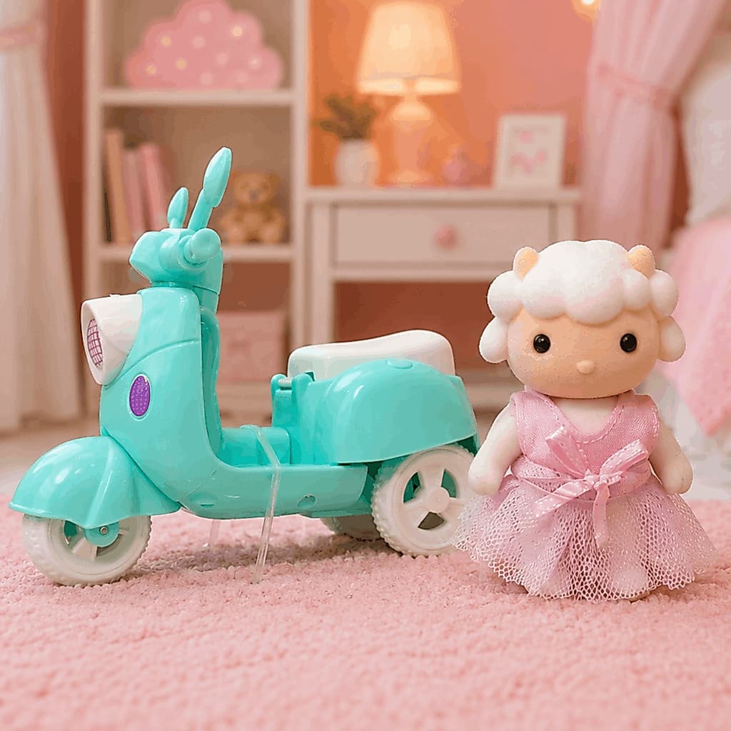 Boneca Ovelhinha com Scooter Casinha Feliz Miniatura Infantil Colecionável Brinquedo