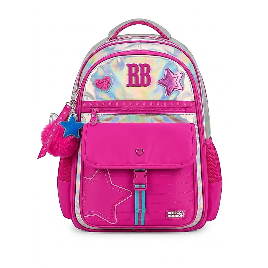 Mochila Escolar Rebecca Bonbon Holográfica Lilás Com Fivela