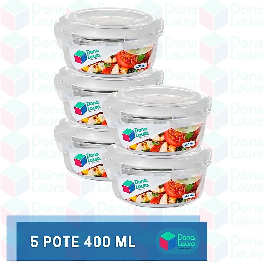 Conjunto 5 Potes 400ml Vidro Hermético Mantimentos Marmita