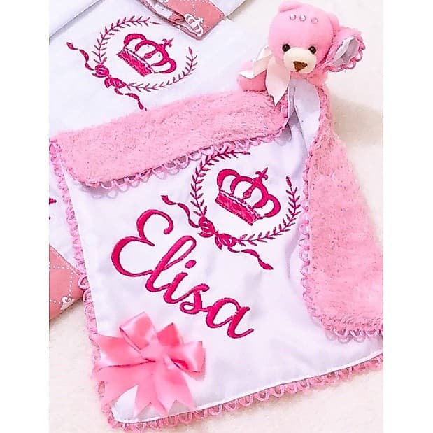 Naninha para bebê personalizada com nome (tema coroa bordada pink)
