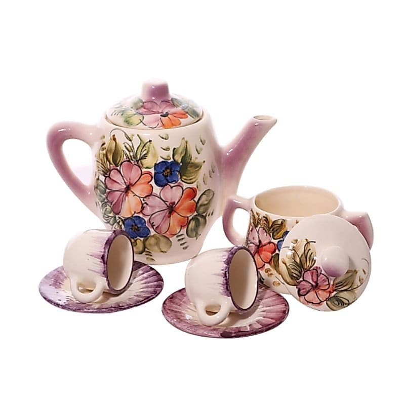 Conjunto Bule Porcelana C/ Açucareiro 2 Xícaras E Pires Pintado à Mão Retro
