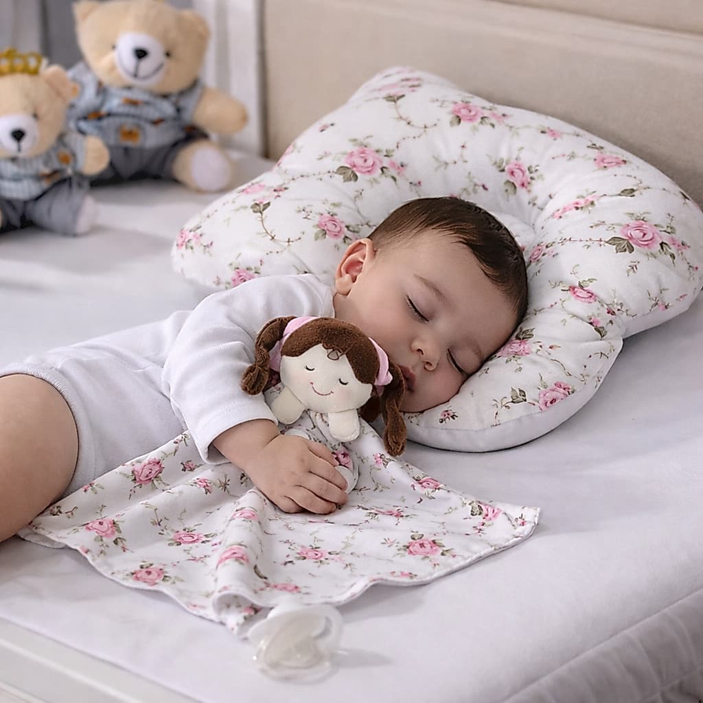 Kit Travesseiro Anatômico Modelador para Bebê + Naninha com Bichinho Pelúcia Tecido 100% Algodão