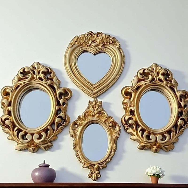 Kit de 4 Espelhos, Modelos Variados, Molduras Douradas, Decoração Moderna