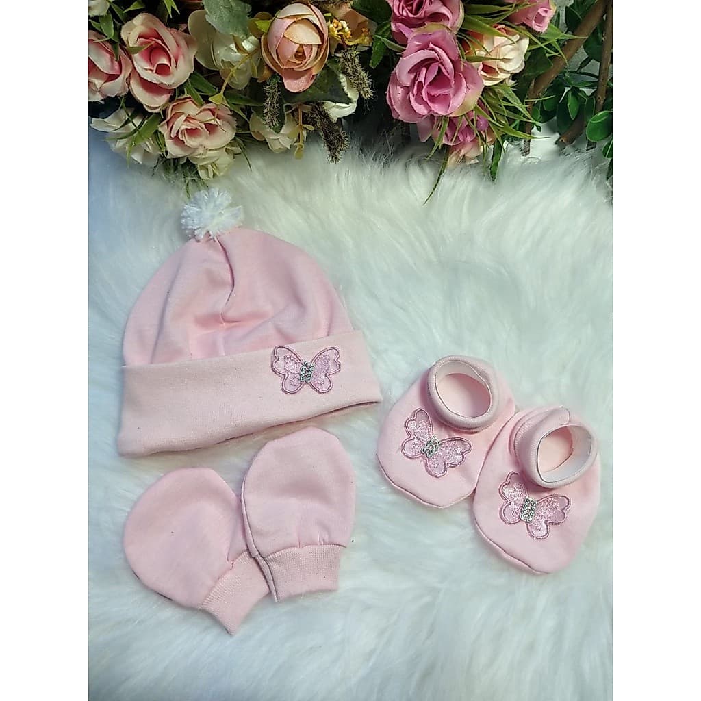 kit touca pompom + luva+ sapatinho borboleta 3D luxo bebe RN menina