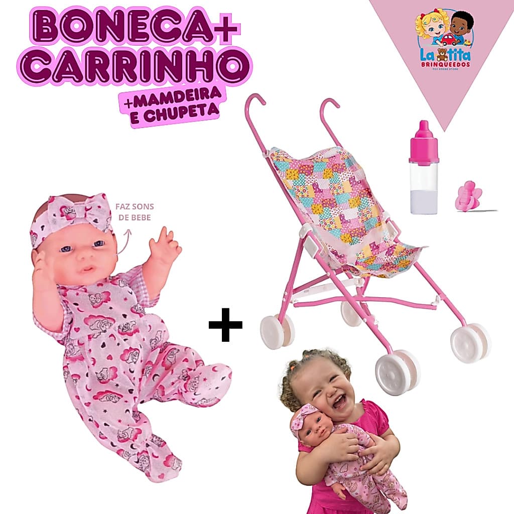 Boneca Com Chupeta Com Mamadeira Pepita Com Sons De Bebê Milk Fofa Que Fala Boneca com Carrinho