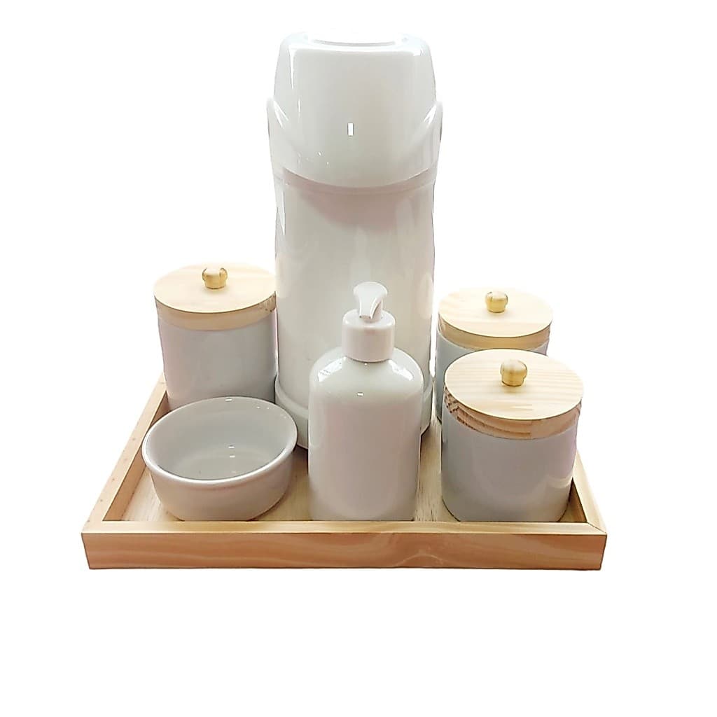 Kit Higiene Porcelana Bebê Bandeja Pinus Fundo MDF Garrafa Térmica Grande,Potes,Saboneteira e Molhadeira,Pino Puxador.