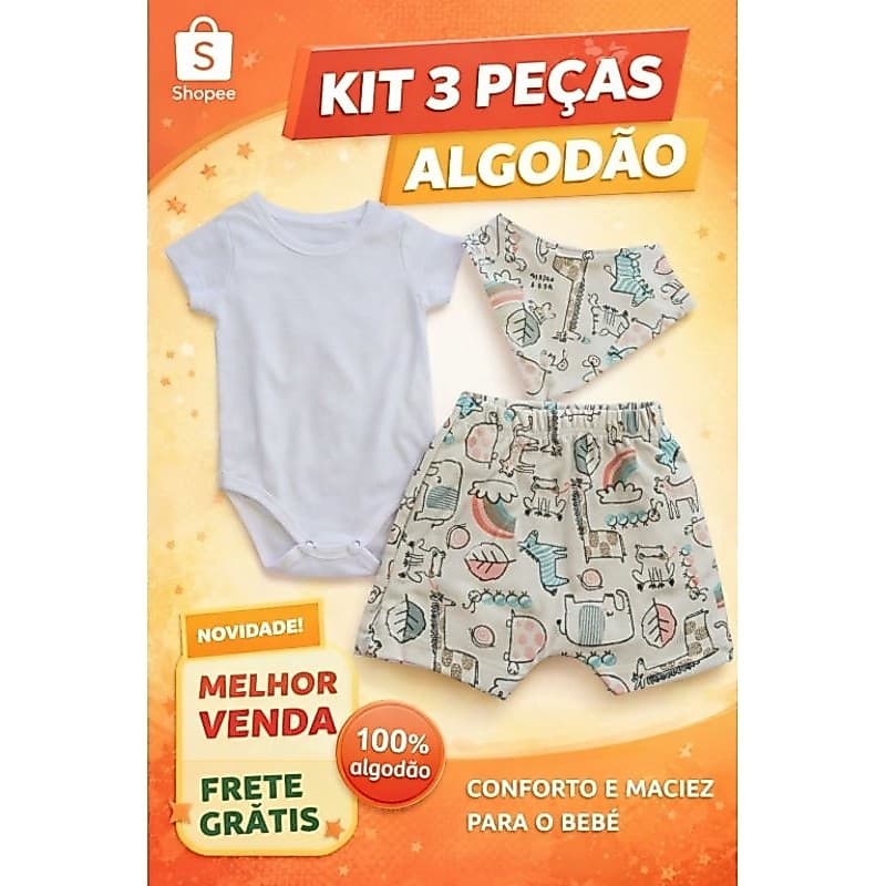 Conjunto Bebê Verão Menino Shorts Body Babador Bandana 100% Algodão