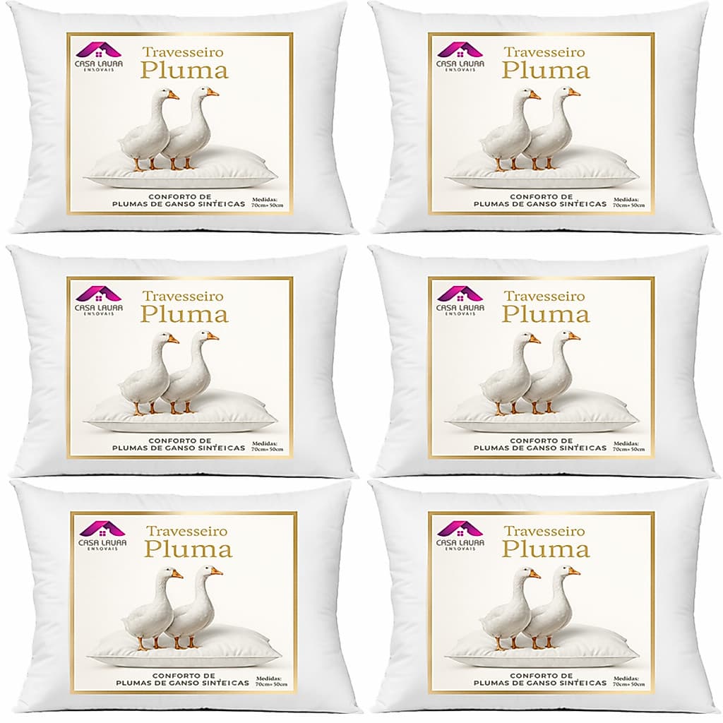 Kit 6 Travesseiro Pluma de Ganso Descanso Antiacaro 70x50cm Luxo Sintético