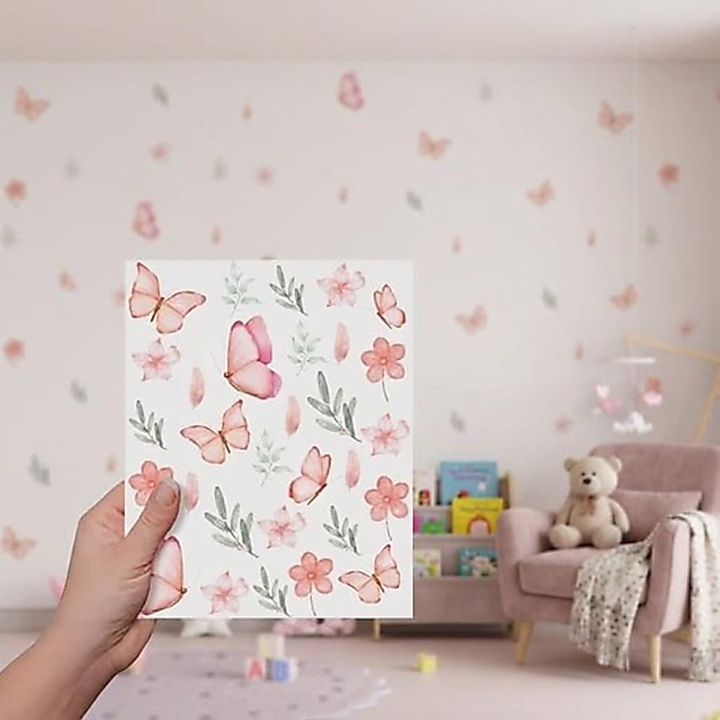 Adesivo de Parede Borboletas e Flores Decoração Delicada para Quarto Infantil Feminino