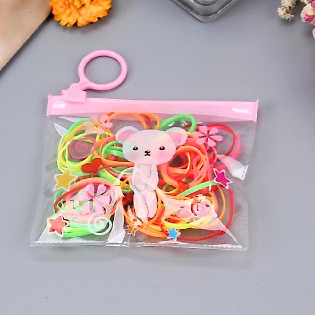 Kit com Elásticos de Cabelo Coloridos | Embalagem Fofa com Ursinho | Infantil ou Feminino | Cores Sortidas