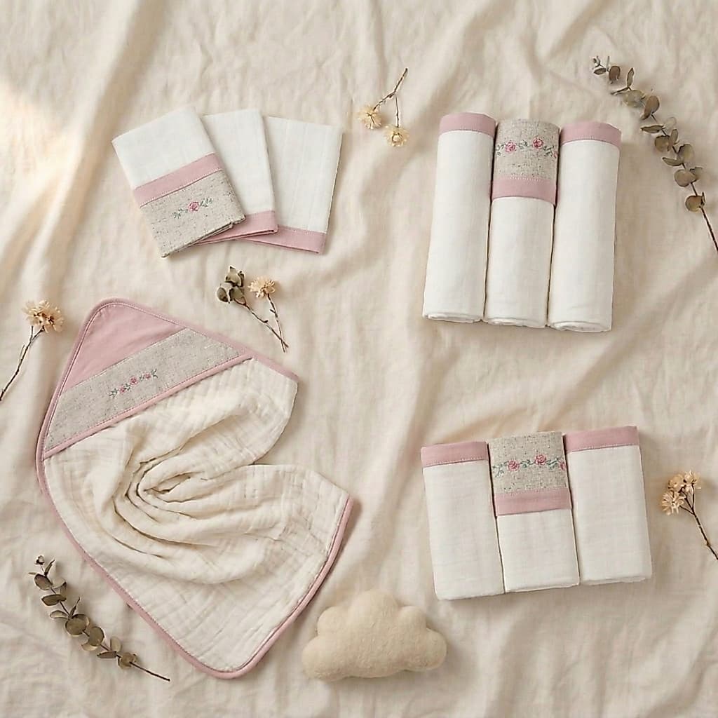 Kit Enxoval Bebê Completo 10 Peças Linho 100% Algodão | Toalha Soft, Fraldas, Cueiros e Pano de Boca