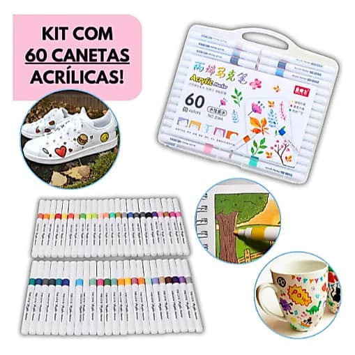 KIT 60 Canetas Coloridas Tinta Acrílica Permanente Multissuperfície Para Madeira Cerâmicas Artesanato