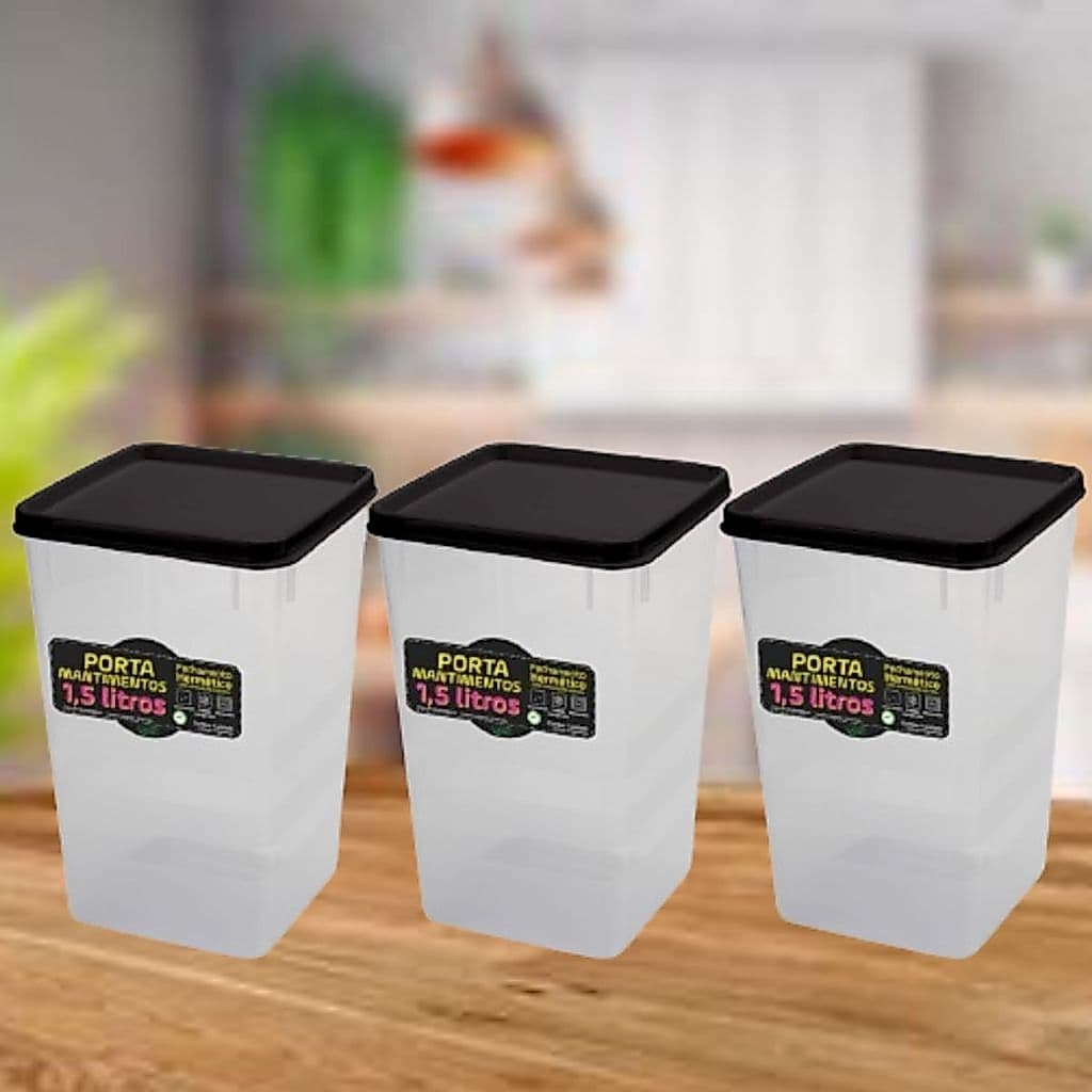 Kit 3 Potes Mantimento Herméticos 1kg Alimento Tampa e Trava Empilhável de 1,5 Litros Tampa Preta 18cm Açúcar Feijão Sal