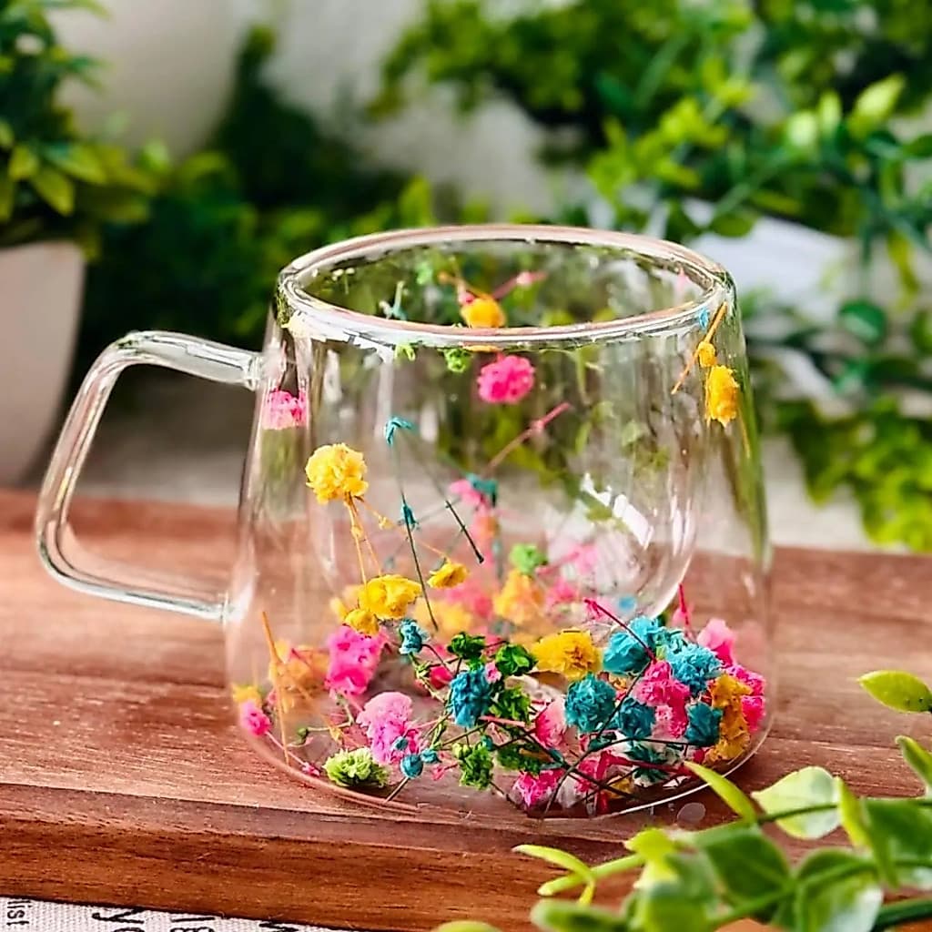 Xícara Parede Dupla Vidro Colorida com Flores 110ml Cozinha