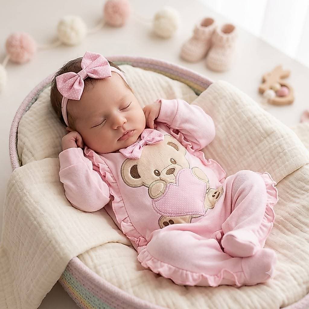 Macacao Bebe Menina Com Bordado Coraçao e Laço de Cabelo
