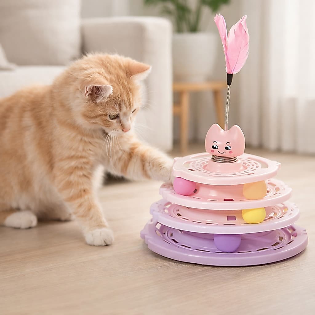 Torre de Brinquedo para Gatos de 4 Andares, com 3 Bolinhas e Penas, Estimula a Energia dos Gatos