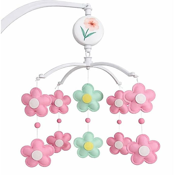 Móbile Músical e Giratório de Berço Flores Flor Florzinha Menina Pompom Jardim Nuvem