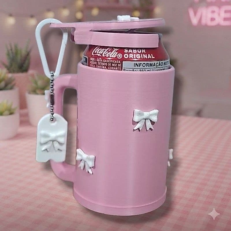 porta lata 355ml com tampa, cores a escolher com detalhes em branco.