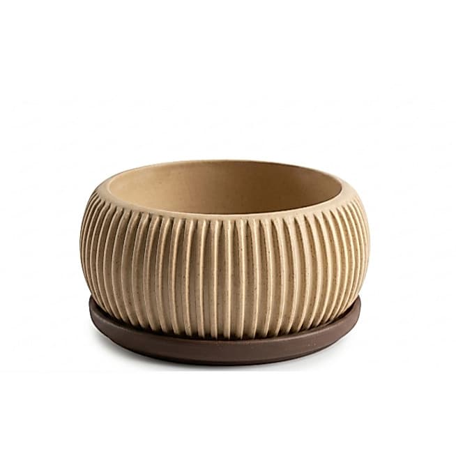 Vaso Cachepot Redondo Canelado Premium Com Prato Coletor – Design Moderno Minimalista para Plantas e Decoração de Interi