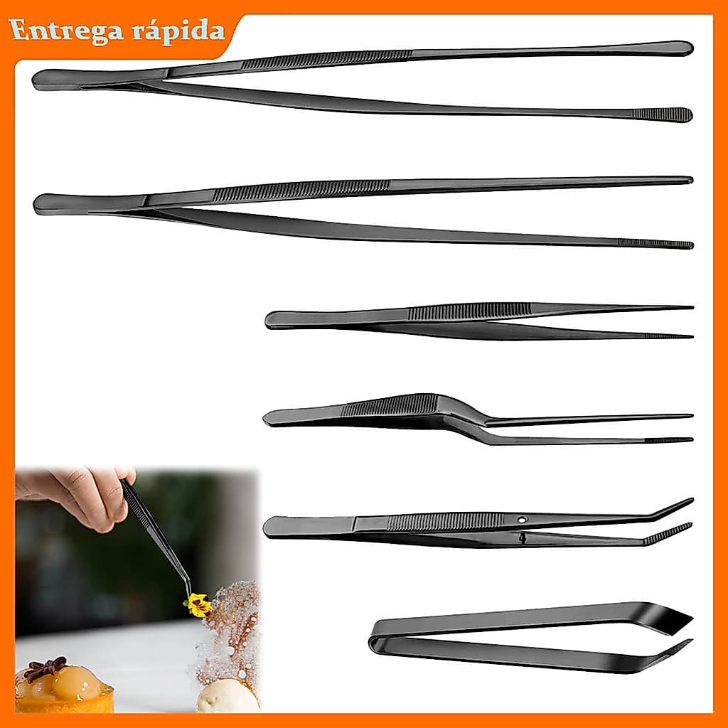 Kit 6 Pinças Inox Pretas 12 a 30,5 cm com Pontas Reta, Curva, Angular, Redonda e Fina para Cozinha e Churrasco