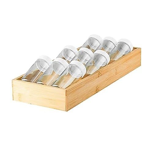 Porta Temperos Madeira Organizador Gaveta 9 Frascos Vidro Compacto Facil Acesso Durable Cozinha Organizada