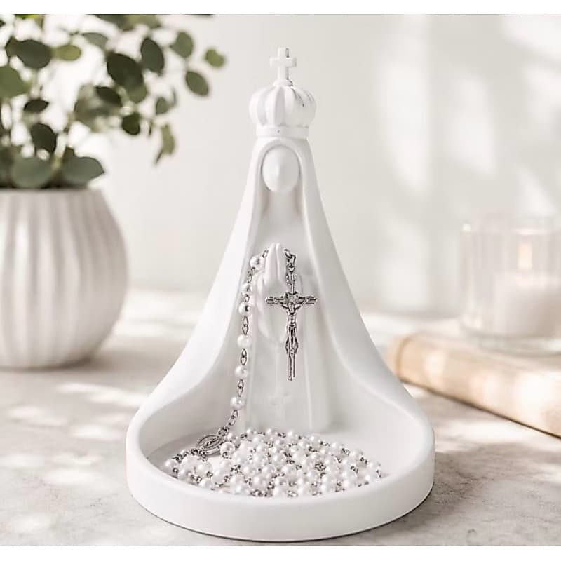 Estátua Nossa Senhora 13cm Porta-Terço | Suporte para Terço e Rosário | Decoração Religiosa