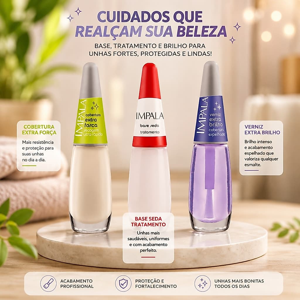 Kit 3 Esmaltes Impala Tratamento Base Seda, Extra Fosco e Extra Brilho Prolongado Secagem Rápida