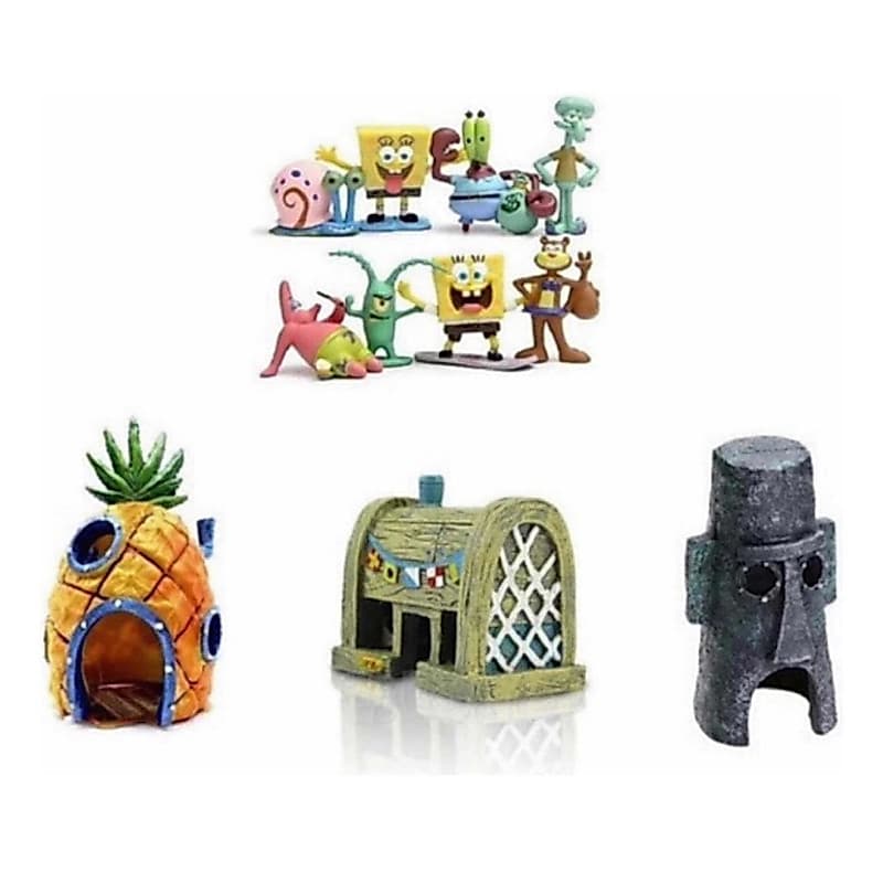 kit Enfeites De Aquário Fenda Do Biquini Turma Bob Esponja 3 casas 7 Persongens
